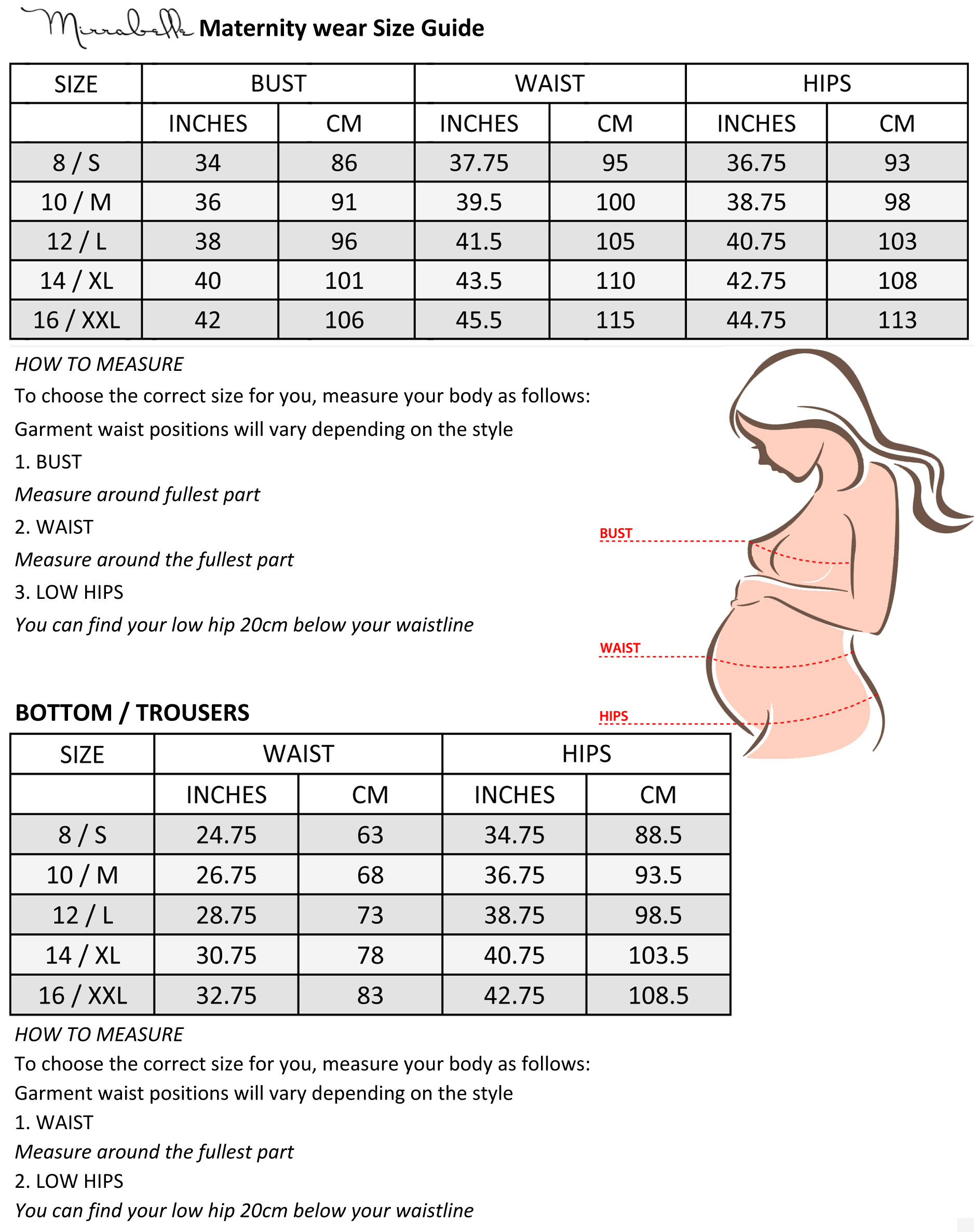 Zoe Maternity Size Chart